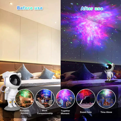 A before and after use picture of using the astronaut galaxy projector. Picture mentions 5 occasions to use this. 1. romantic holiday. 2 work companionship. 3. together moment. 4. sweet date. 5. time alone. 