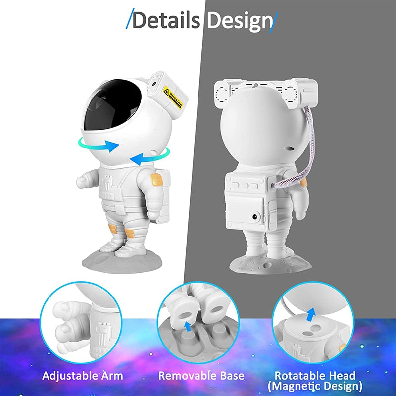 Details regarding the astronaut galaxy projector. 1 picture shows the adjustable arm, 2nd show the removable base ,and 3rd shows the rotatable head with it's magnetic design. 
