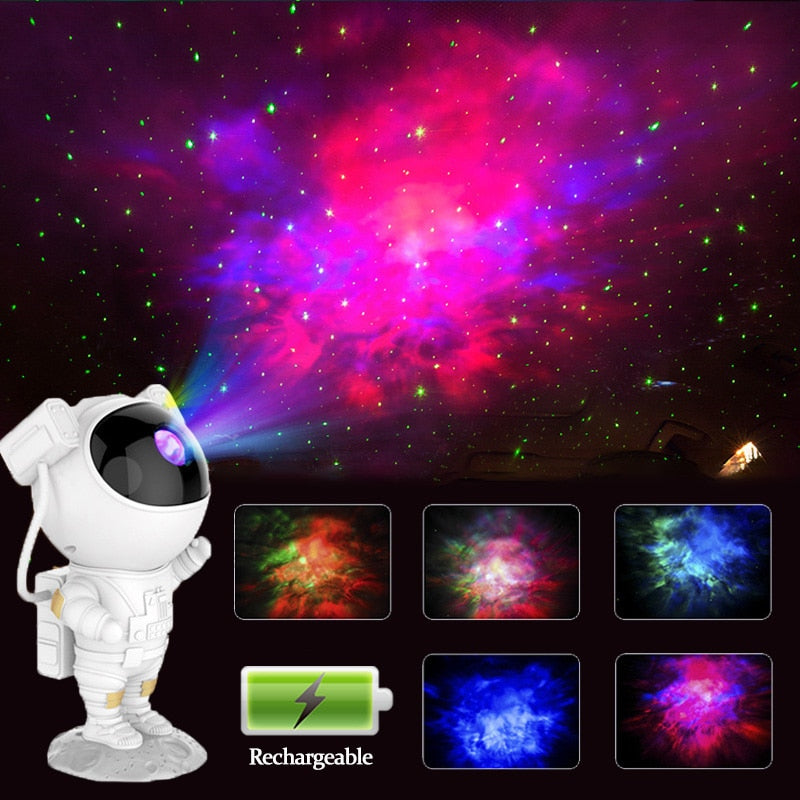 A demo showing astronaut galaxy projector on bottom left displaying the lights on a bedroom ceiling 